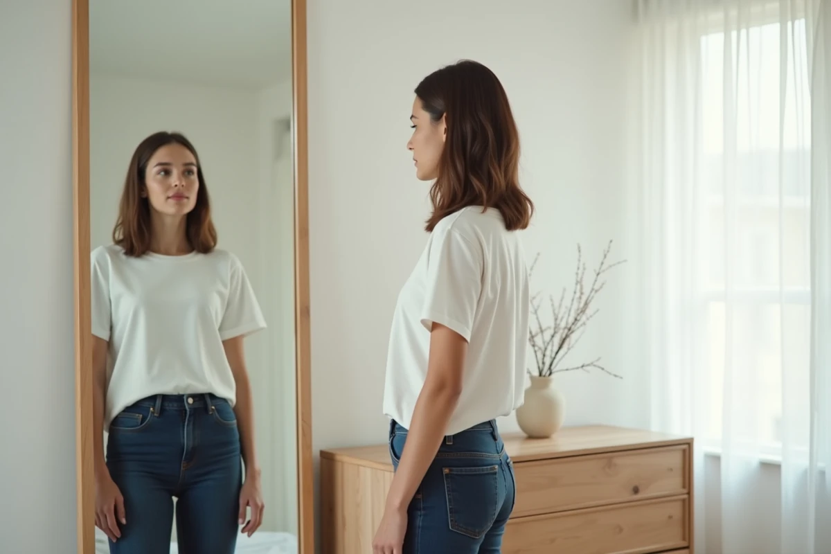 Jeune femme se regardant dans un miroir comme outil de développement de la conscience de soi