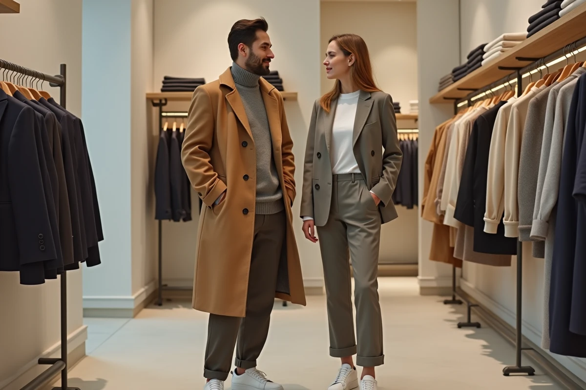 Deux personnes en tenues androgynes consultant des vêtements dans un concept store parisien moderne