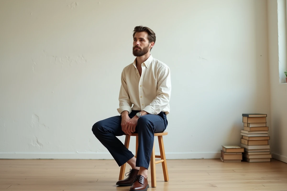 Individu au style androgyne en chemise en lin crème et pantalon marine assis dans un studio minimaliste
