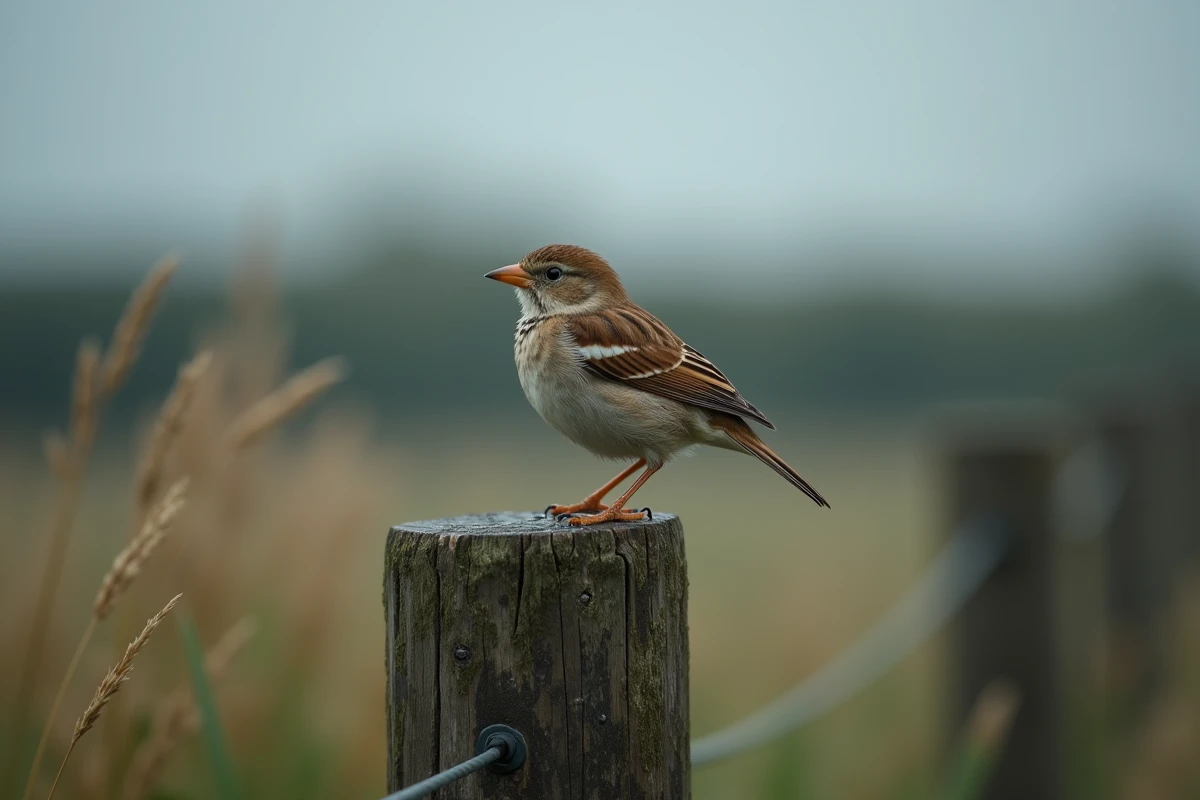 Un moineau aux plumes ébouriffées et mouillées perché sur un vieux poteau en bois sous une pluie battante