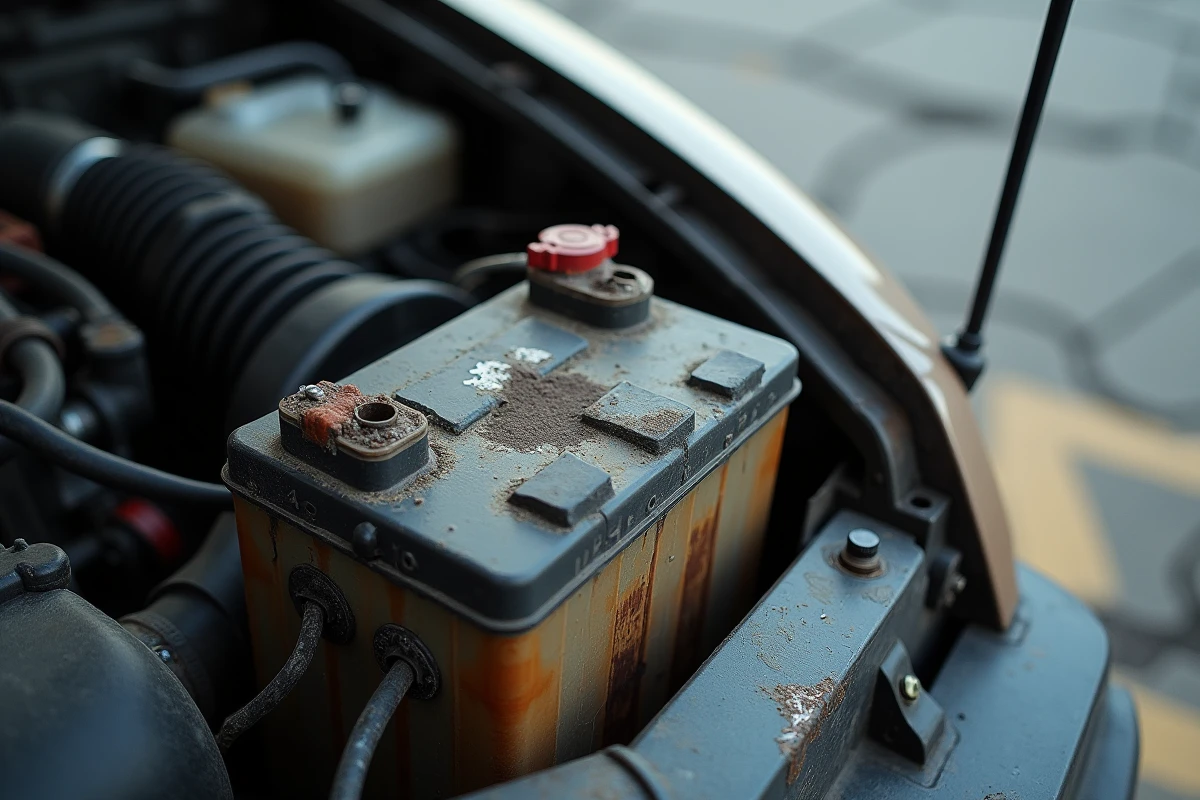Gros plan sur un compartiment moteur usé avec batterie corrodée et durite déconnectée, symbolisant les pannes automobiles récurrentes