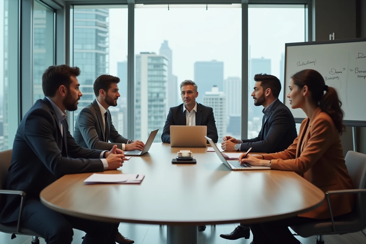 Cinq professionnels réunis autour d'une table de conférence pour former un comité de travail en entreprise