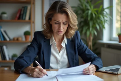 Femme relisant attentivement une offre de prêt hypothécaire à son bureau à domicile