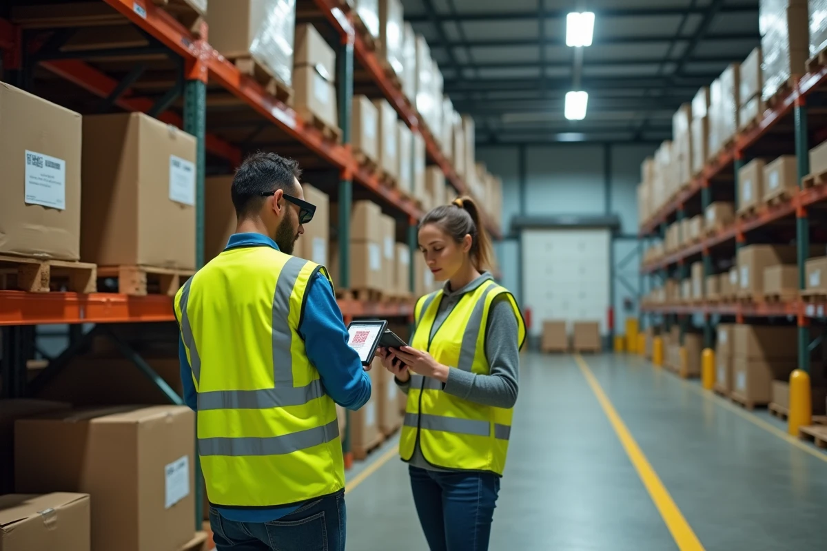 Deux opérateurs d'entrepôt vérifiant la traçabilité de colis via des tablettes connectées à la blockchain dans un centre de distribution logistique