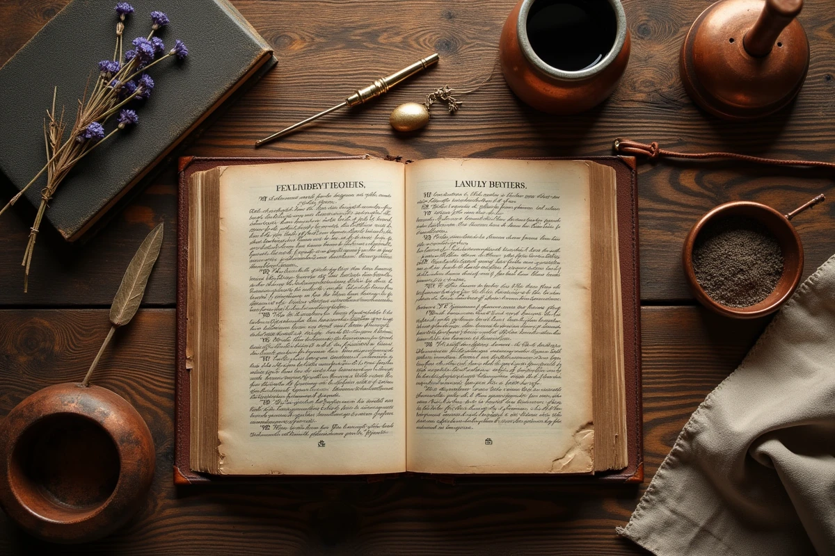 Vue aérienne d'un livre de cuisine ancien avec plume et ingrédients évoquant les origines des arts culinaires