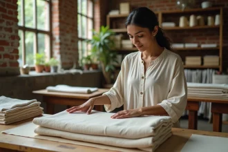 Ouvrière inspectant un tissu en coton biologique dans un atelier textile éthique et durable