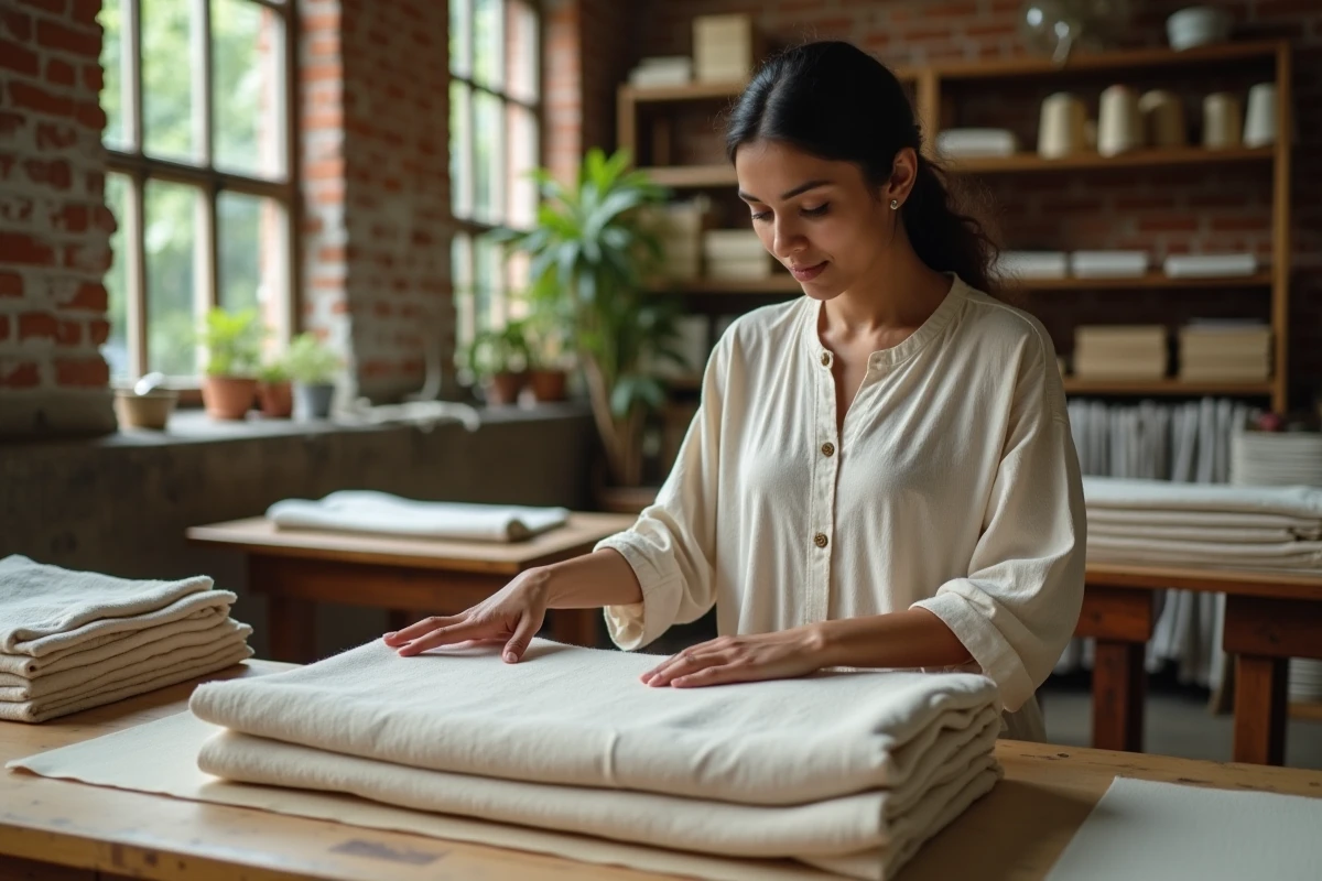 Ouvrière inspectant un tissu en coton biologique dans un atelier textile éthique et durable
