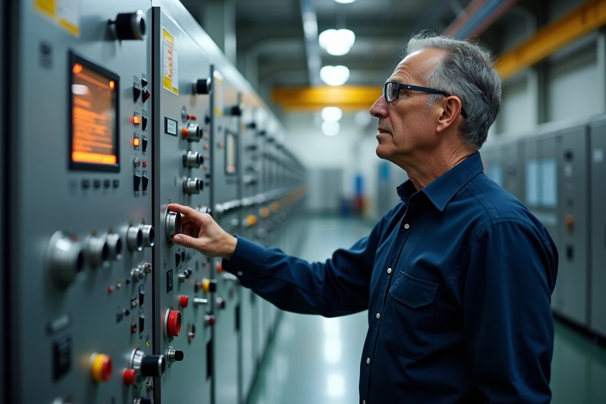 Ingénieur utilisant un panneau de contrôle industriel avec interface homme-machine