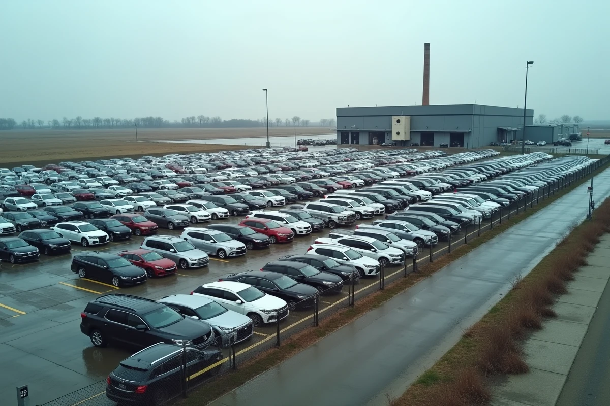 Parc de stockage de véhicules neufs à l'extérieur d'une grande usine automobile dans le Michigan avec des rangées de voitures alignées