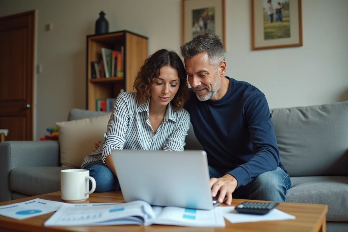 Couple de parents analysant les coûts liés à l'éducation de leurs enfants sur un ordinateur portable