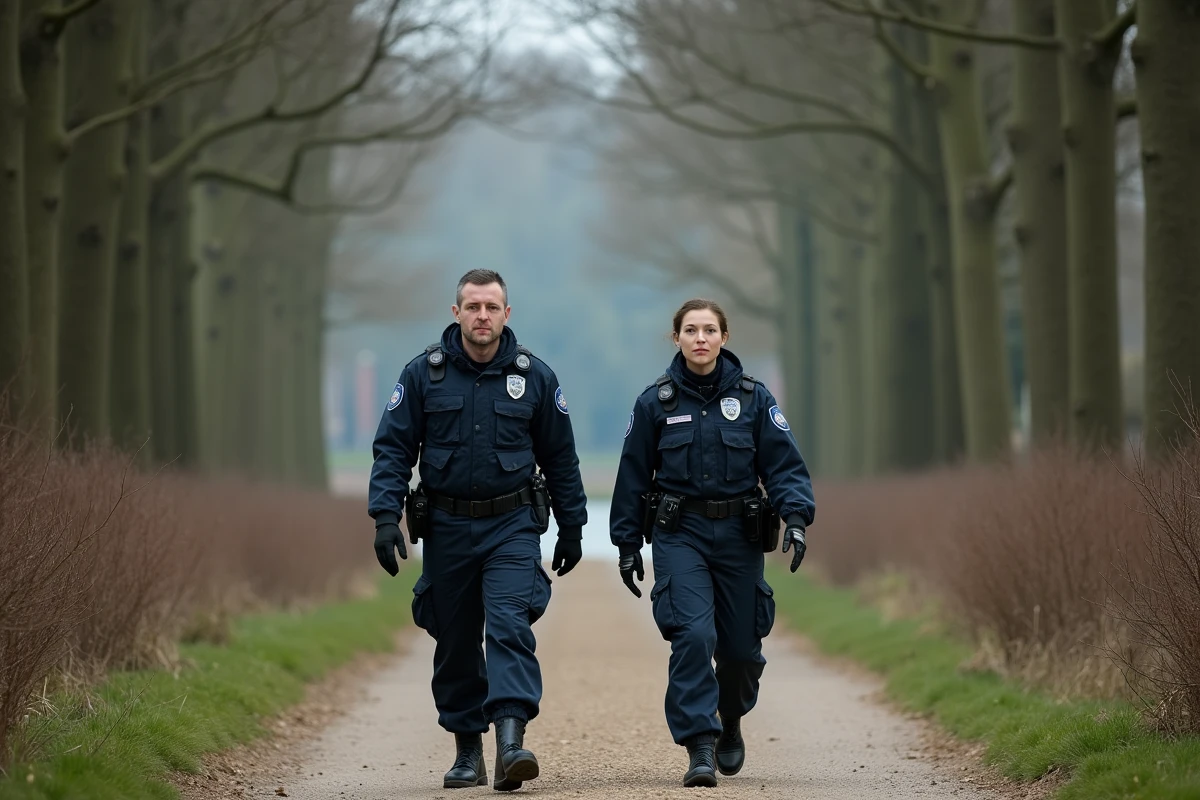 Patrouille de police à pied dans le Bois de Boulogne à Paris, deux agents en uniforme surveillant les allées du parc, évoquant les mesures de sécurité en vigueur