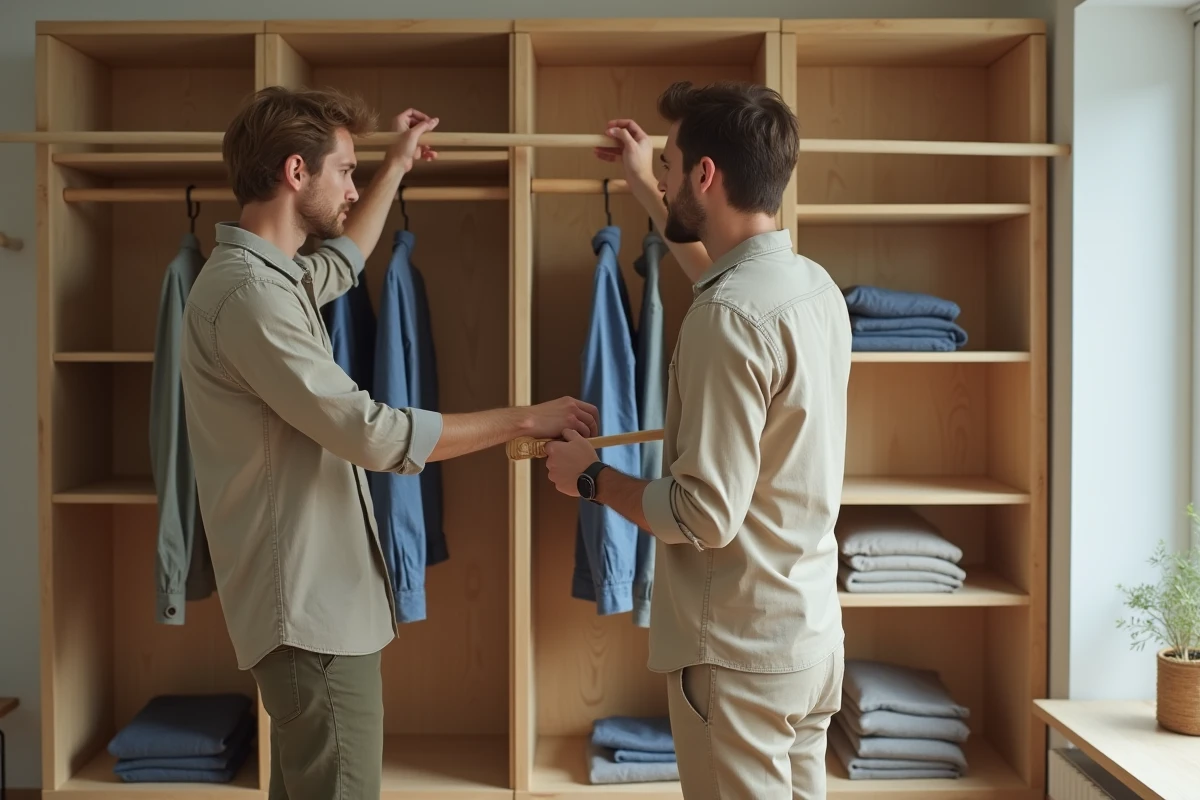 Homme installant une tringle en bois entre deux étagères pour créer une penderie DIY dans un petit appartement