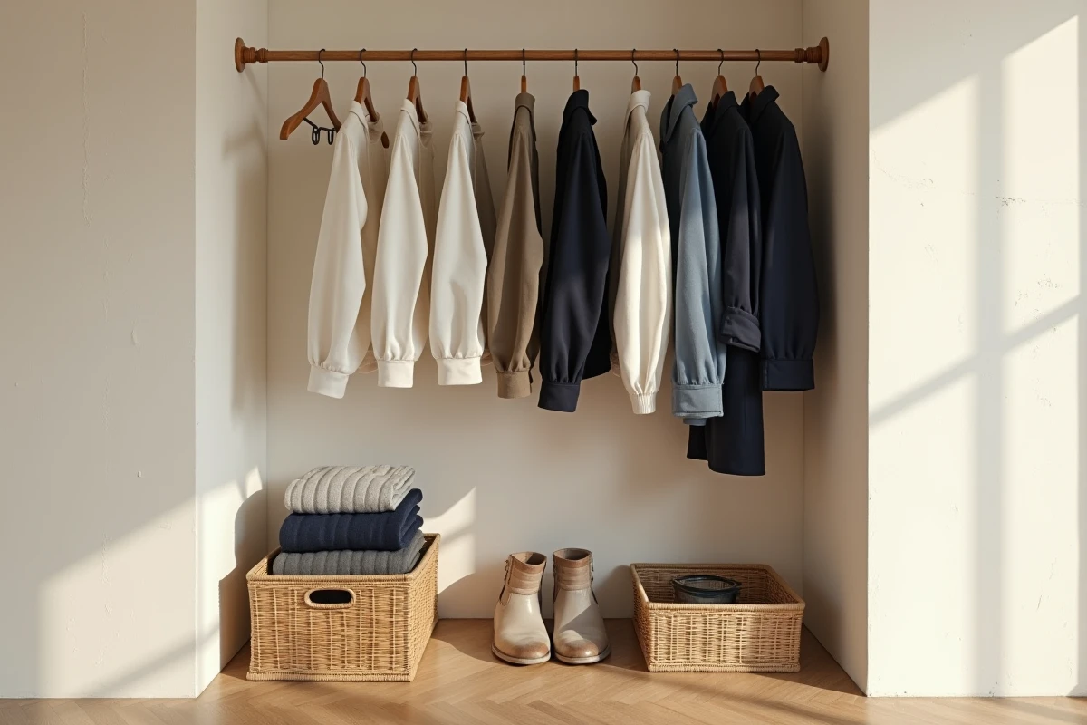 Penderie improvisée dans une alcôve de studio avec tringle à tension, vêtements rangés par couleur et paniers en osier