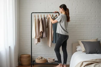 Femme organisant ses vêtements sur une penderie improvisée avec un portant métallique dans une chambre minimaliste
