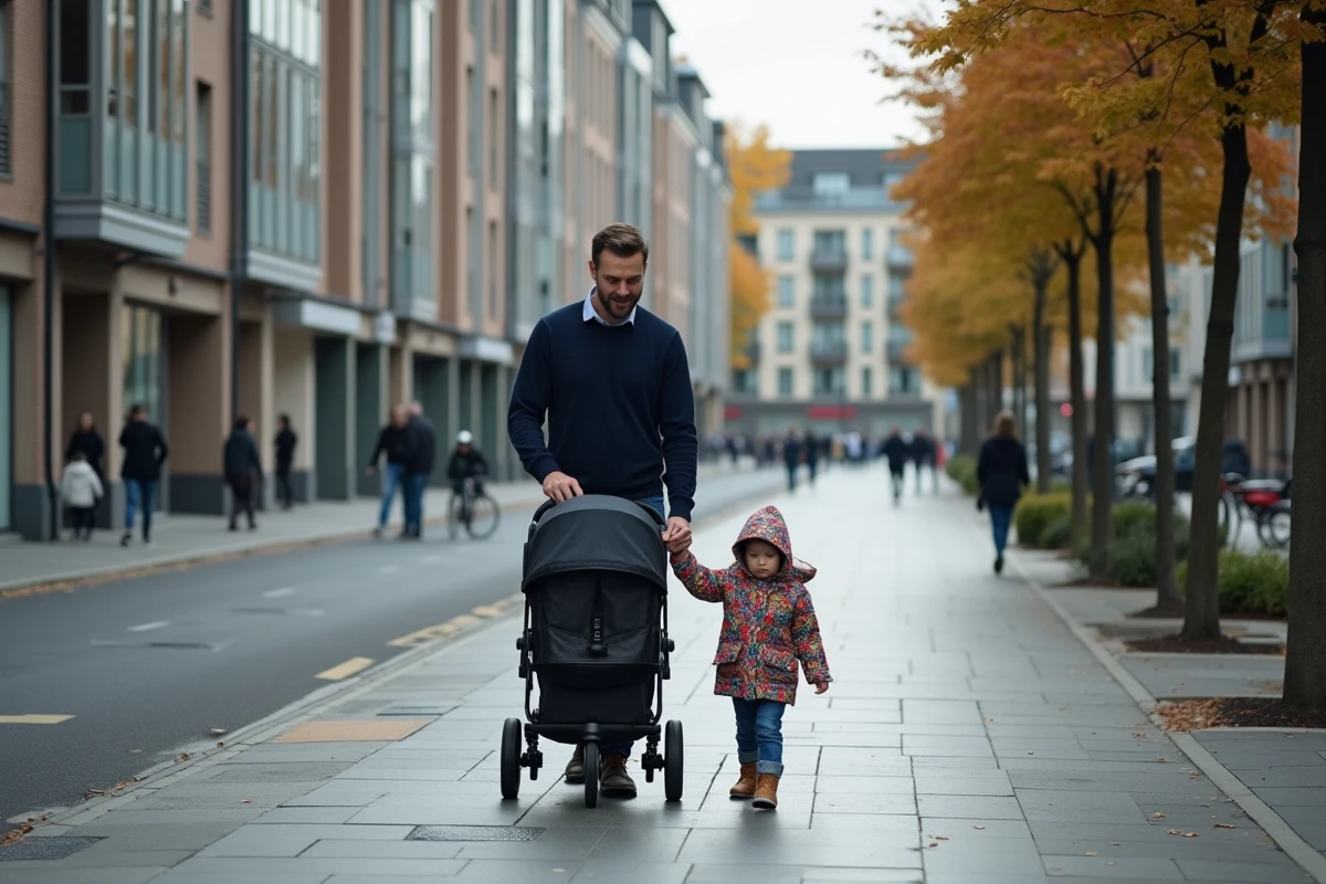 Père promenant son enfant dans une rue urbaine européenne sécurisée et verdoyante, représentant un cadre de vie idéal pour élever des enfants