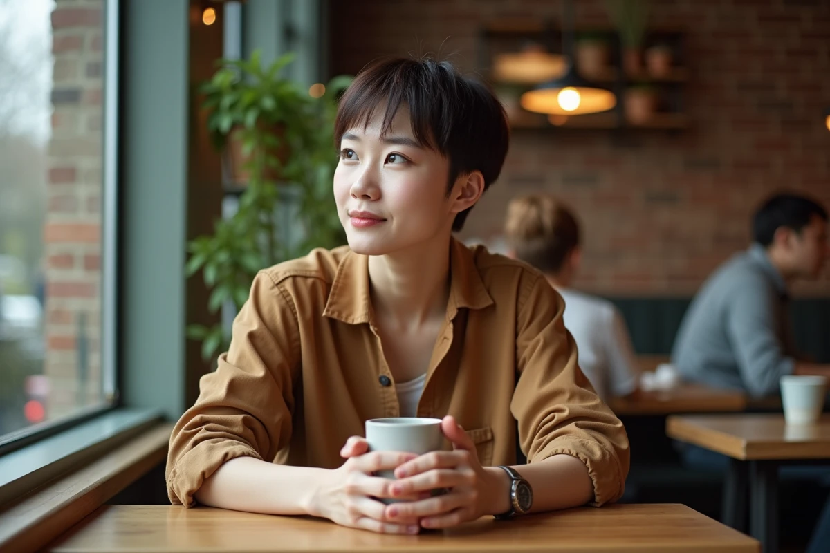 Personne non-binaire assise dans un café, regardant par la fenêtre dans une atmosphère douce et inclusive