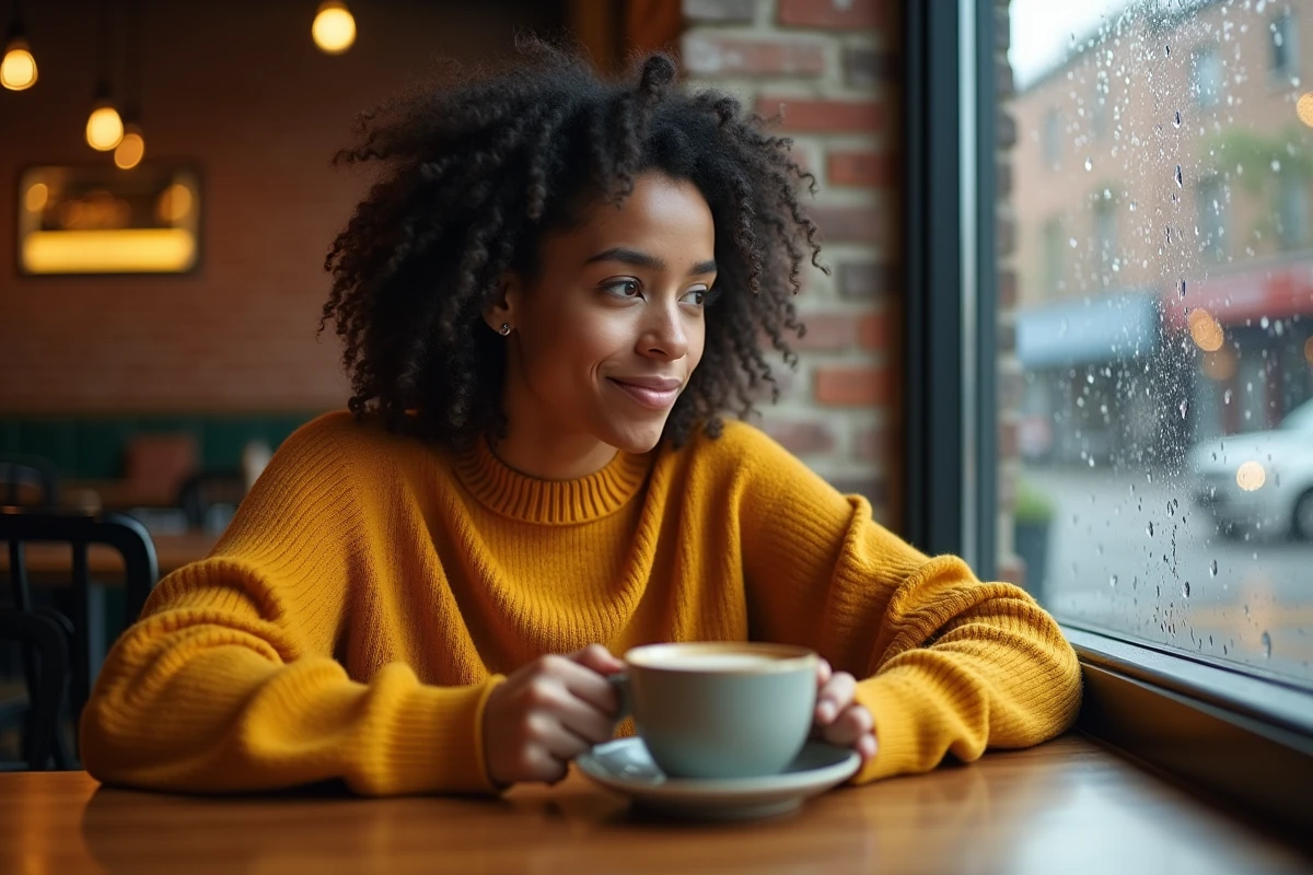 Personne pensive dans un café tenant une tasse de café, évoquant l'humeur et les émotions régulées par le cerveau