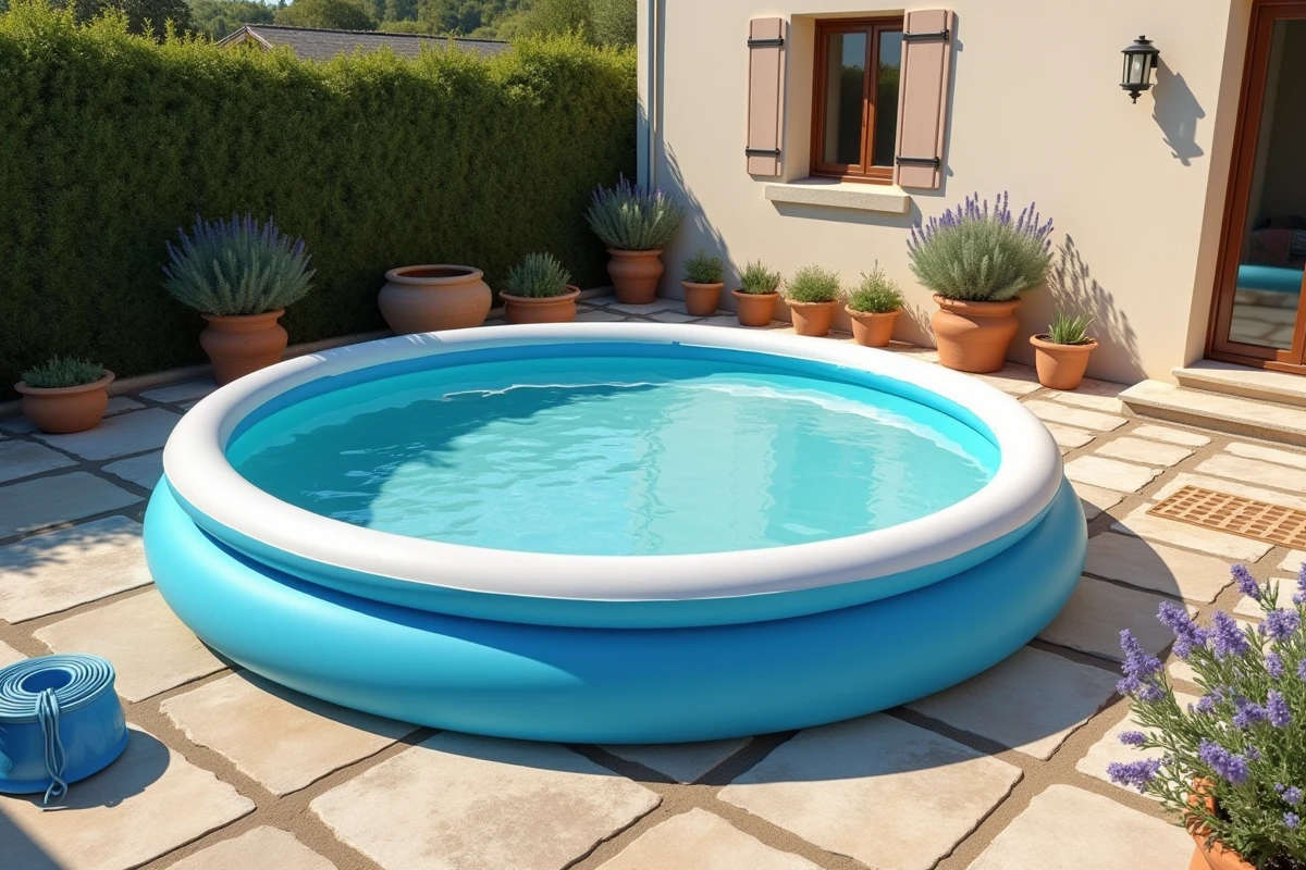 Petite piscine gonflable de moins de 10m2 installée sur une terrasse dallée de maison individuelle en France