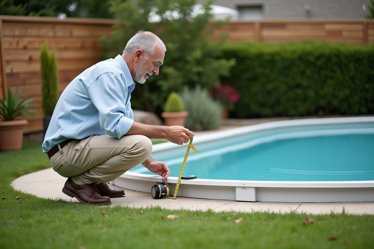 Propriétaire mesurant une petite piscine de moins de 10m2 installée dans un jardin de maison individuelle