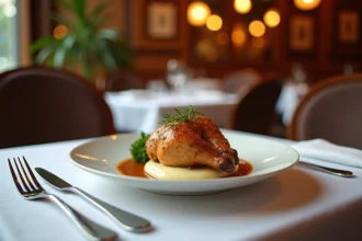 Plat principal de poulet rôti avec purée de panais servi dans un restaurant français classique