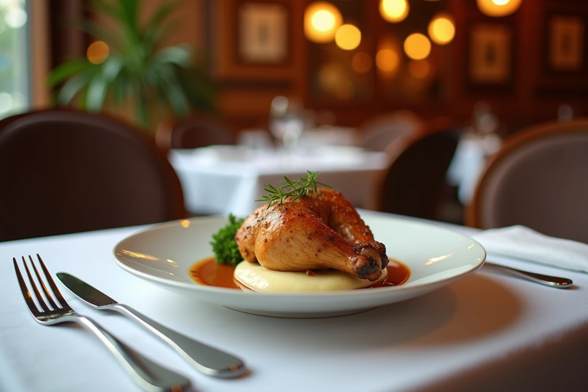 Plat principal de poulet rôti avec purée de panais servi dans un restaurant français classique
