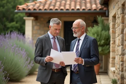 Couple consultant des documents immobiliers devant une maison secondaire en pierre en Provence, illustrant la vente et la plus-value d'une résidence secondaire