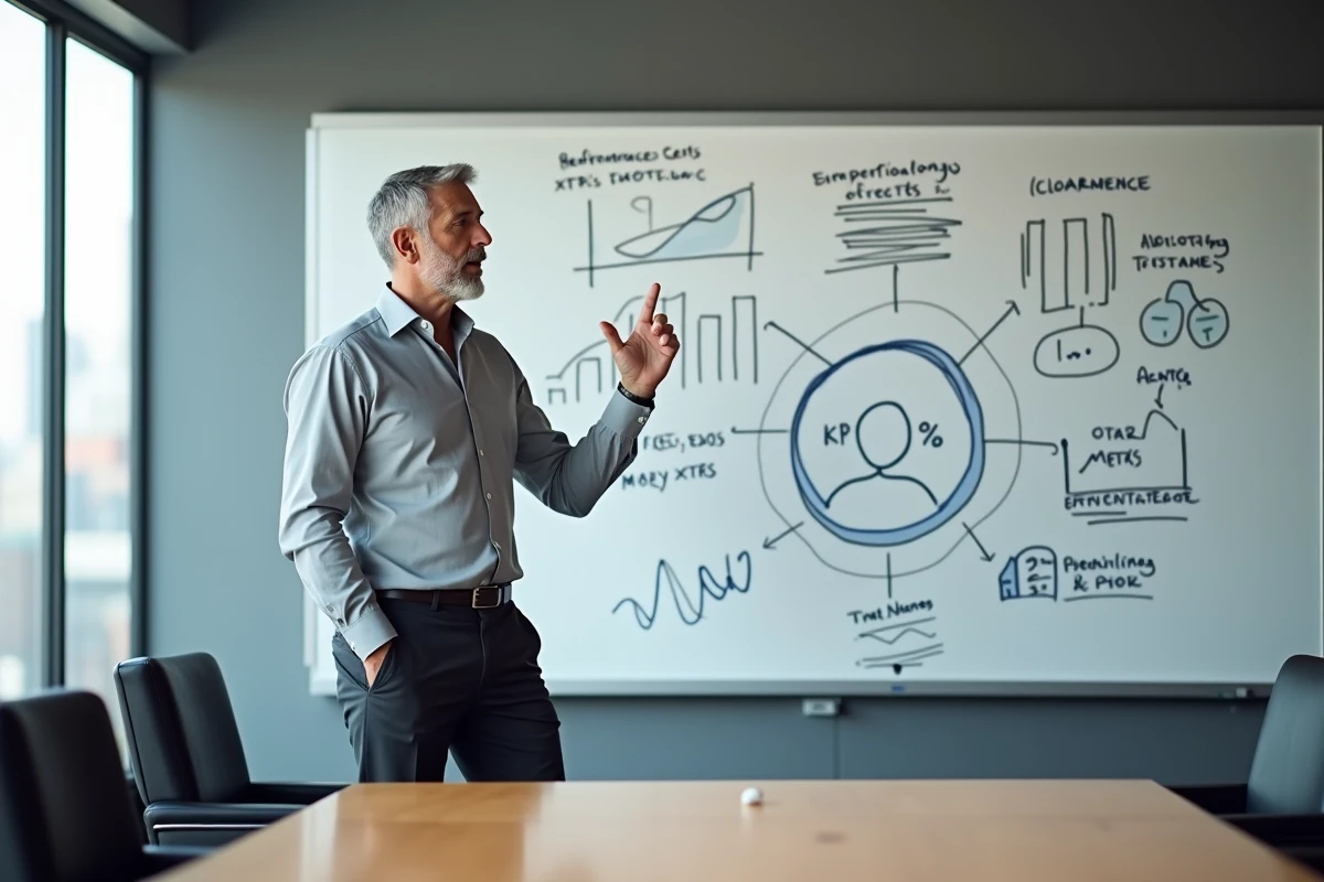 Manager présentant des indicateurs clés de performance et types de productivité sur un tableau blanc en salle de réunion