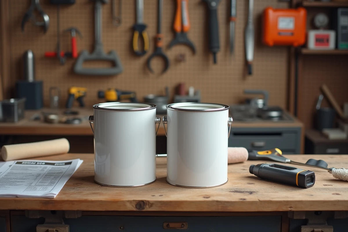 Pots de peinture isolante thermique ouverts avec accessoires et thermomètre sur un établi d'atelier