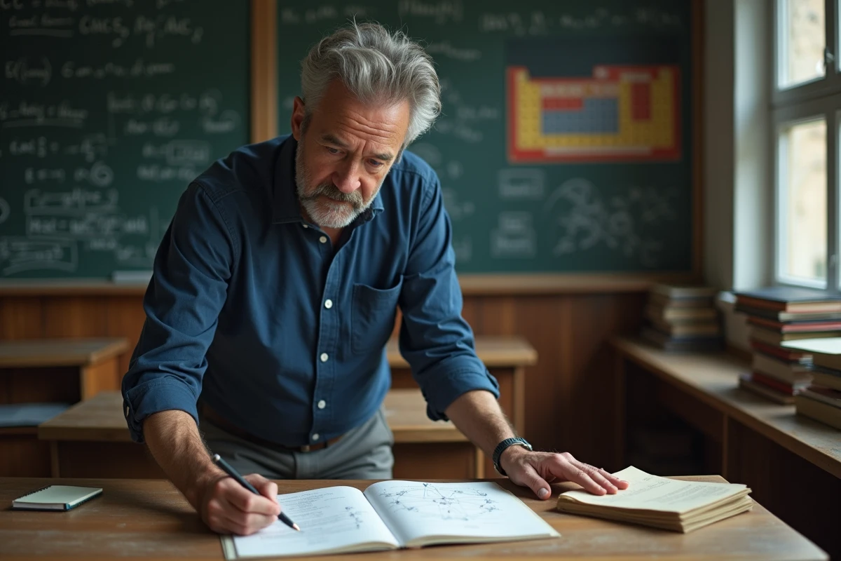 Professeur de physique expliquant les forces atomiques avec sa main posée sur un bureau de laboratoire en bois