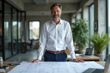 Professionnel en architecture travaillant sur des plans techniques dans un bureau moderne