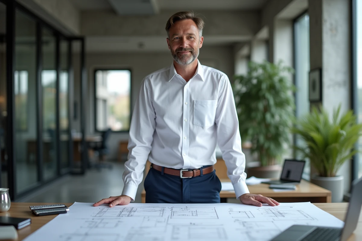 Professionnel en architecture travaillant sur des plans techniques dans un bureau moderne