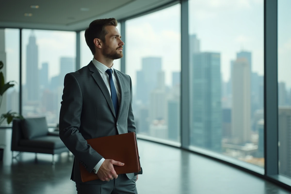 Jeune professionnel de la finance en costume devant la vue panoramique d'un immeuble de bureaux moderne en ville