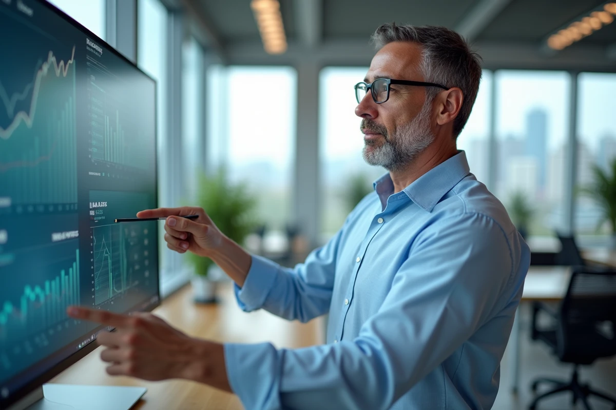 Professionnel de la finance analysant des graphiques d'épargne et de placement sur un grand écran dans un bureau moderne