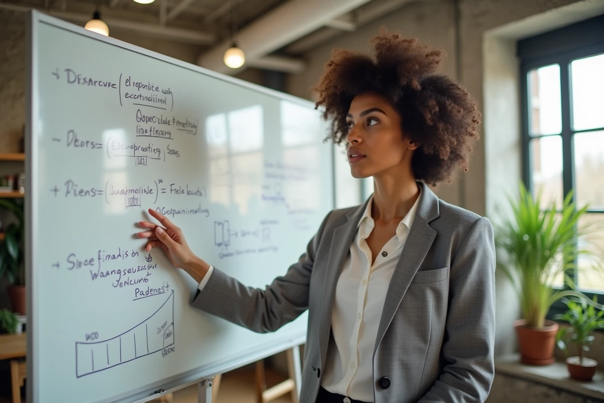Une professionnelle de la fintech présentant des concepts d'avenir financier durable dans un espace de coworking moderne