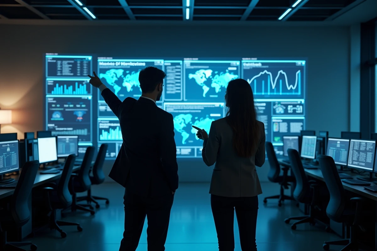 Deux professionnels diplômés en cybersécurité analysant un tableau de bord de sécurité réseau dans un centre opérationnel