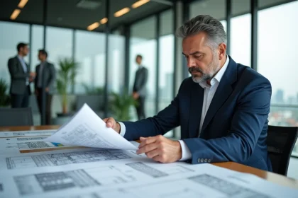 Promoteur immobilier analysant des plans architecturaux et des documents financiers dans un bureau moderne avec vue sur la ville