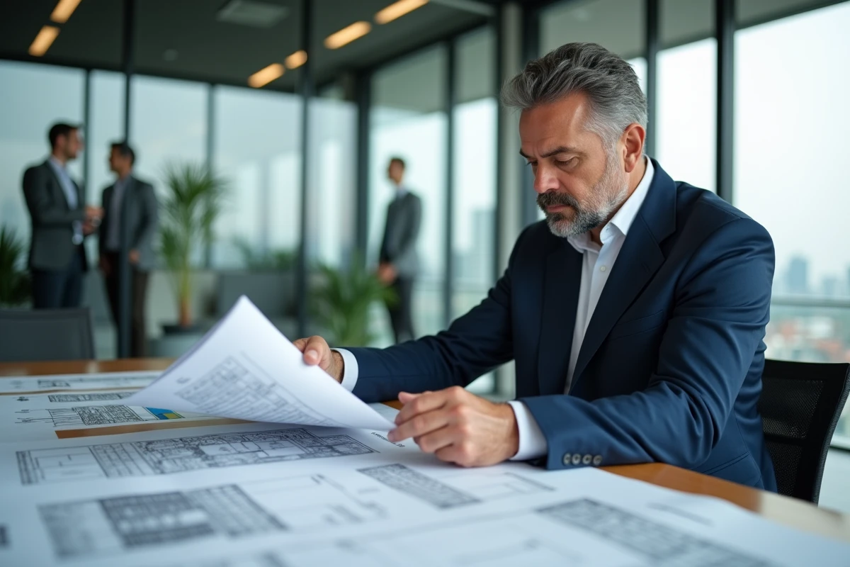 Promoteur immobilier analysant des plans architecturaux et des documents financiers dans un bureau moderne avec vue sur la ville