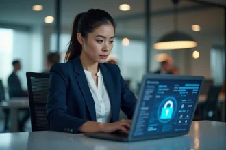 Femme professionnelle analysant un tableau de bord de sécurité des données sur un ordinateur portable dans un bureau moderne