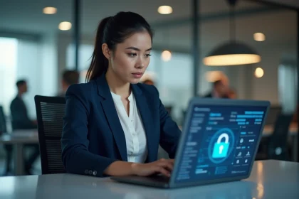 Femme professionnelle analysant un tableau de bord de sécurité des données sur un ordinateur portable dans un bureau moderne