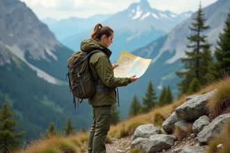 Randonneuse consultant une carte topographique au bord d'un sentier de montagne alpin lors d'une aventure en pleine nature