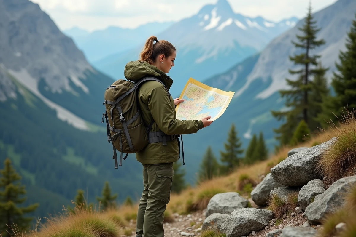 Randonneuse consultant une carte topographique au bord d'un sentier de montagne alpin lors d'une aventure en pleine nature