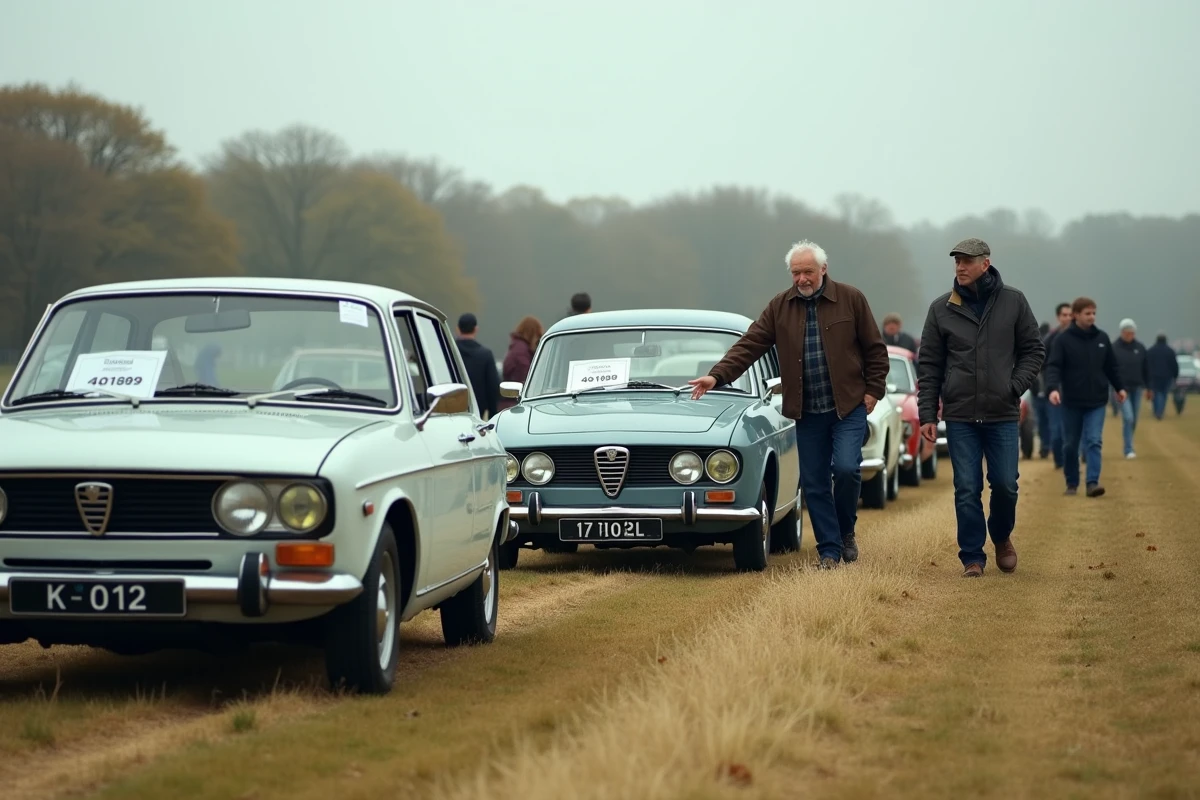 Rassemblement de voitures anciennes françaises dans un champ en automne, exposant des modèles éligibles au statut de véhicule de collection