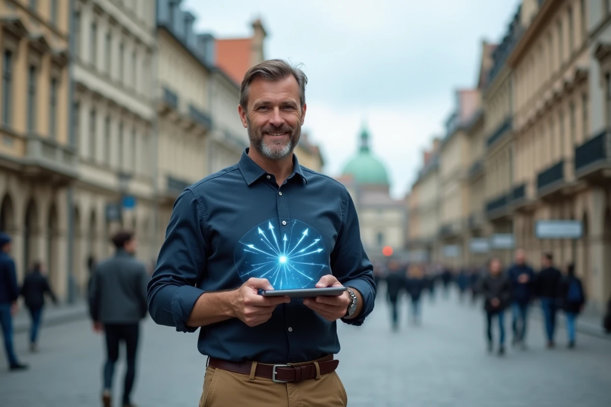 Homme utilisant une tablette avec réalité augmentée pour la navigation en ville