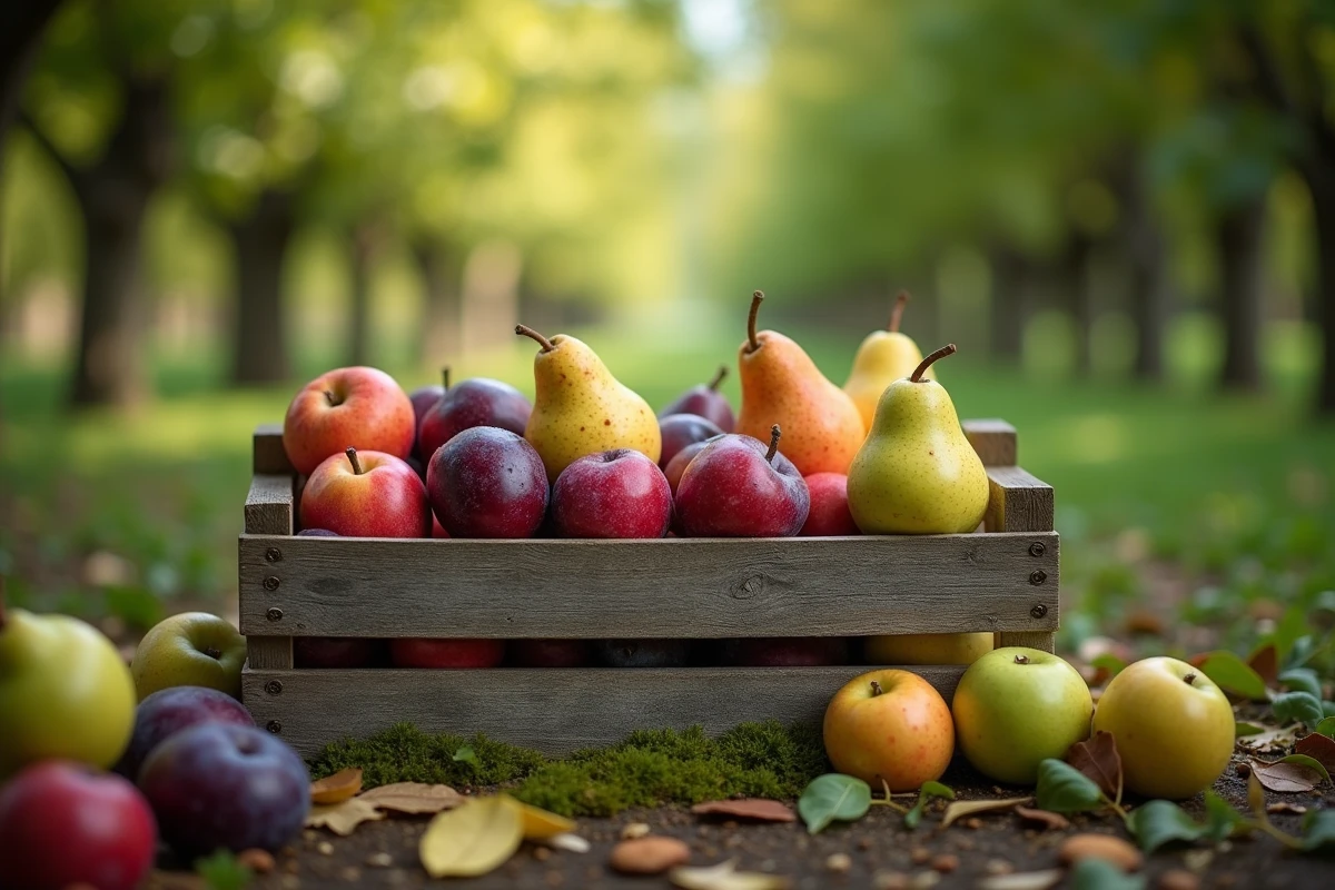 Caisse en bois rustique remplie de prunes, poires et pommes fraîchement récoltées dans un verger ombragé avec sol moussu