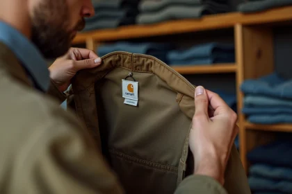 Homme inspectant l'étiquette intérieure d'une veste Carhartt authentique dans une friperie vintage