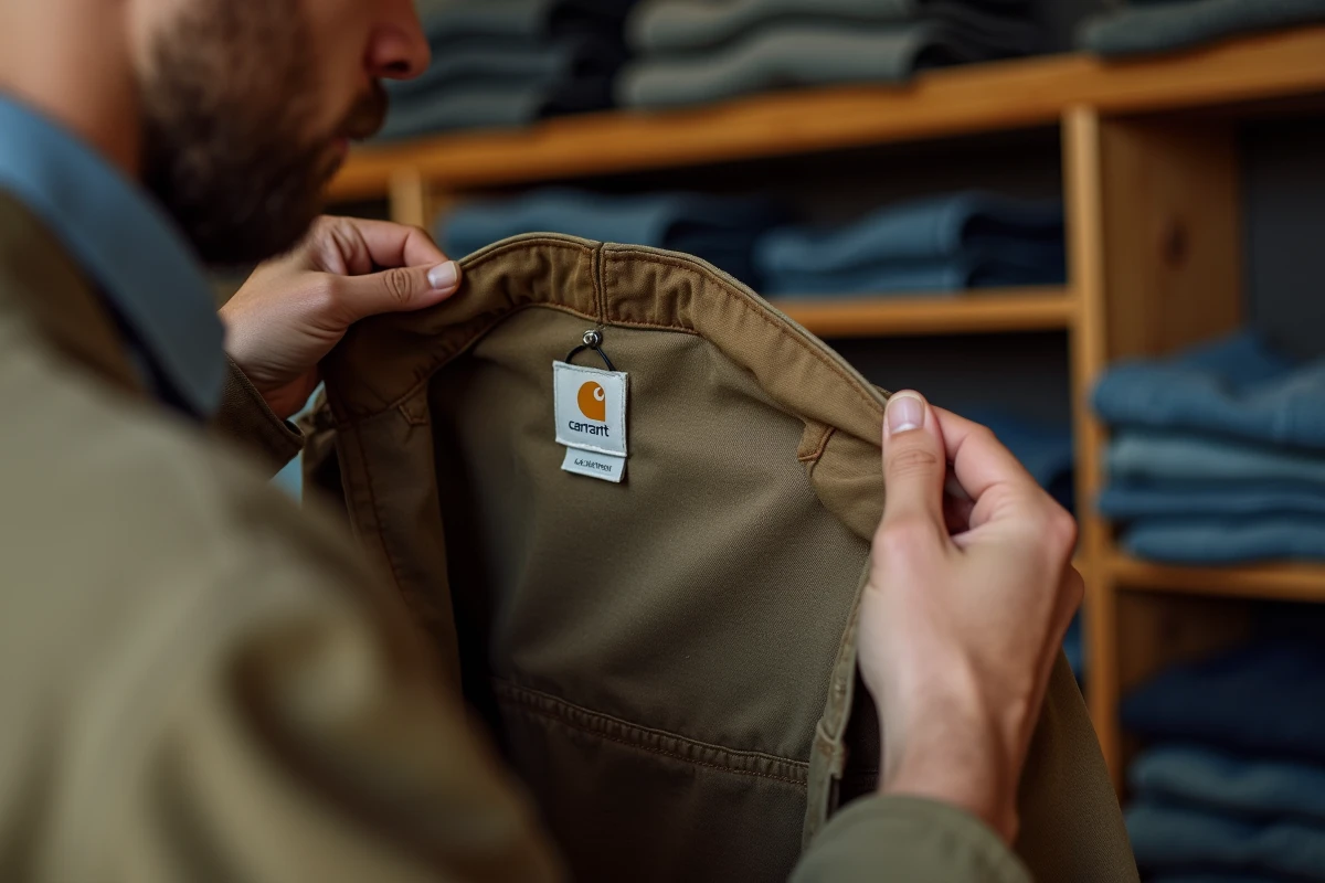 Homme inspectant l'étiquette intérieure d'une veste Carhartt authentique dans une friperie vintage