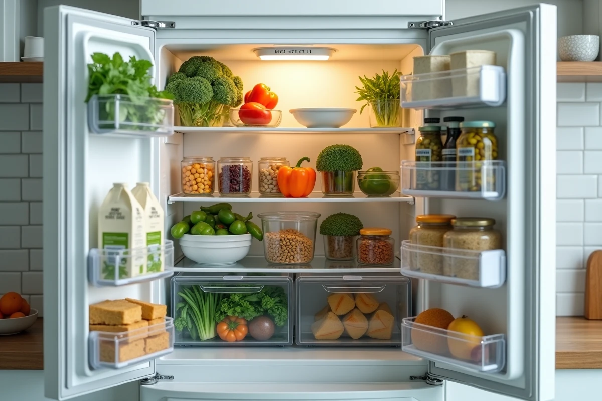 Réfrigérateur ouvert rempli d'aliments végétaux et végétariens variés et colorés