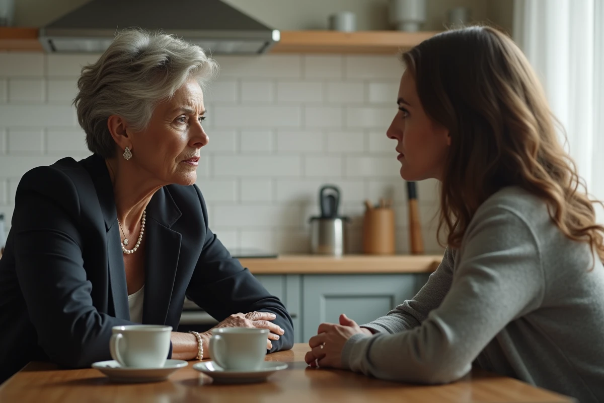 Femme adulte au regard résigné face à une mère autoritaire à une table de cuisine, illustrant une relation parent-enfant toxique