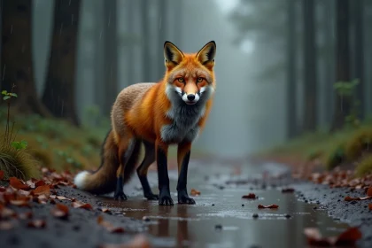 Un renard roux aux poils mouillés se tient immobile à la lisière d'une forêt sous la pluie