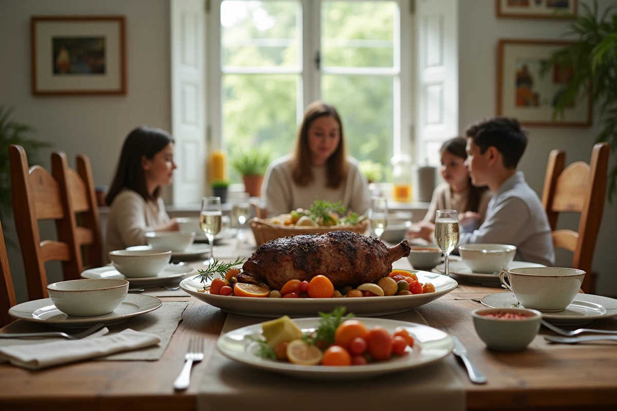 Repas de famille avec plat de résistance agneau rôti sur une table en bois le dimanche